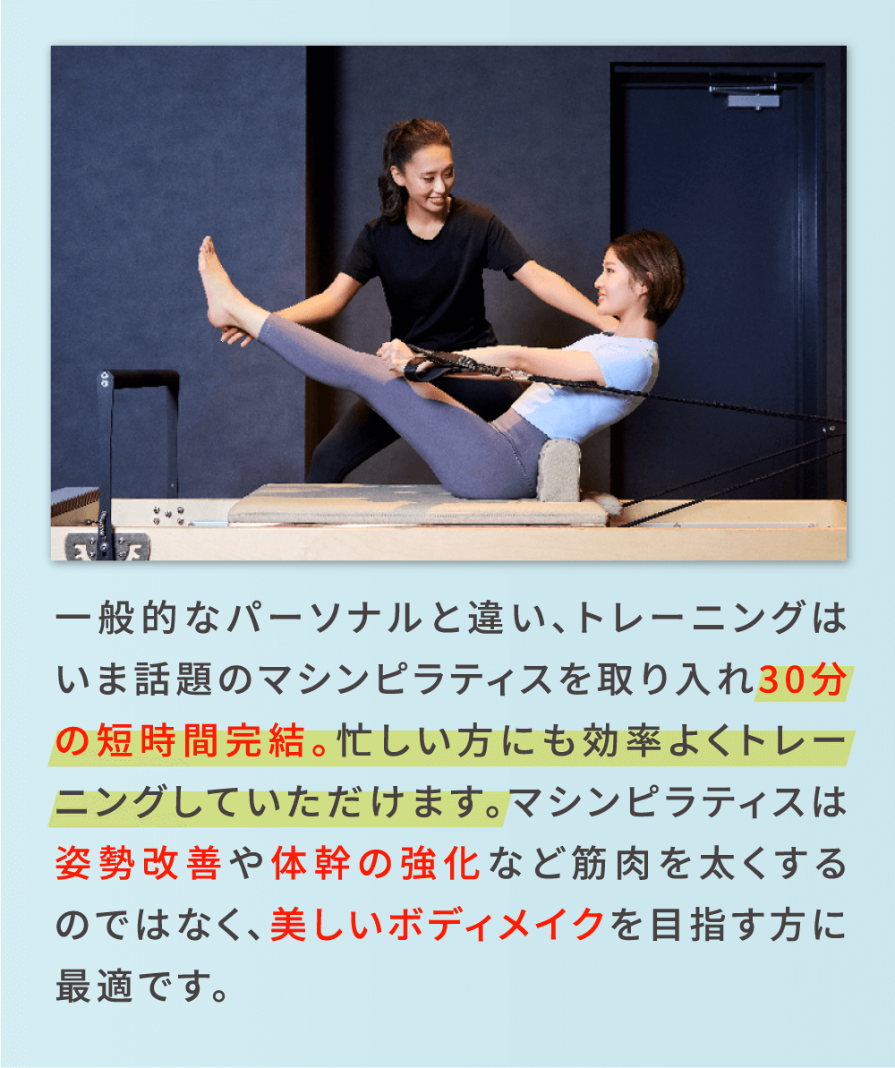 一般的なパーソナルと違い、トレーニングはいま話題のマシンピラティスを取り入れ30分の短時間完結。忙しい方にも効率よくトレーニングしていただけます。マシンピラティスは姿勢改善や体幹の強化など筋肉を太くするのではなく、美しいボディメイクを目指す方に最適です。